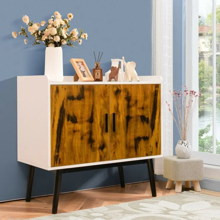 Mid-Century Wood Storage Cabinet with 2 Doors and Metal Legs for Entryway - 32 x 15 x 29 (L x W x H)