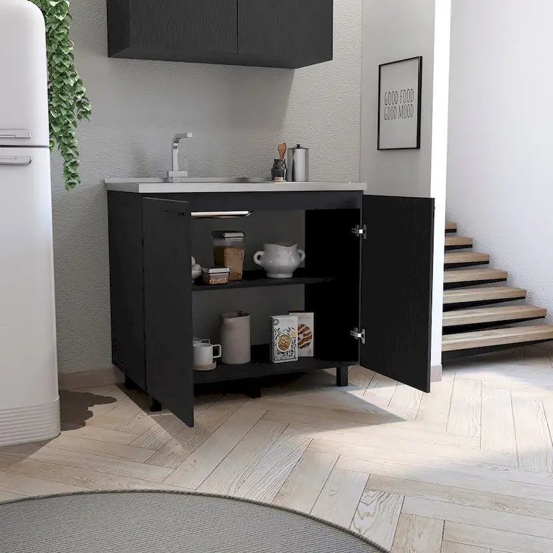 Utility Sink with Cabinet, Stainless Steel Countertop, Interior Shelf