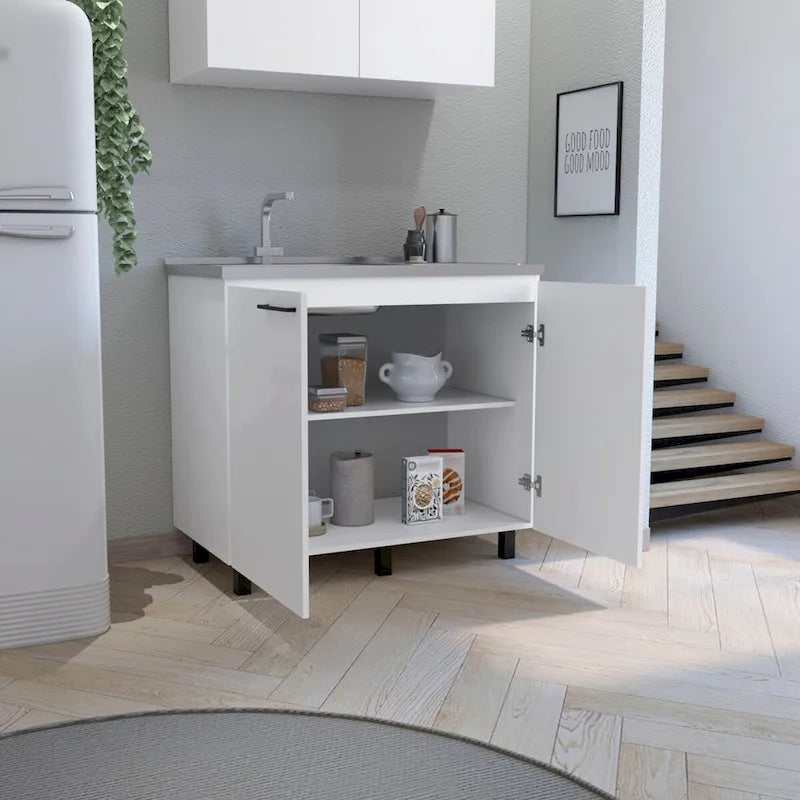 Utility Sink with Cabinet, Stainless Steel Countertop, Interior Shelf
