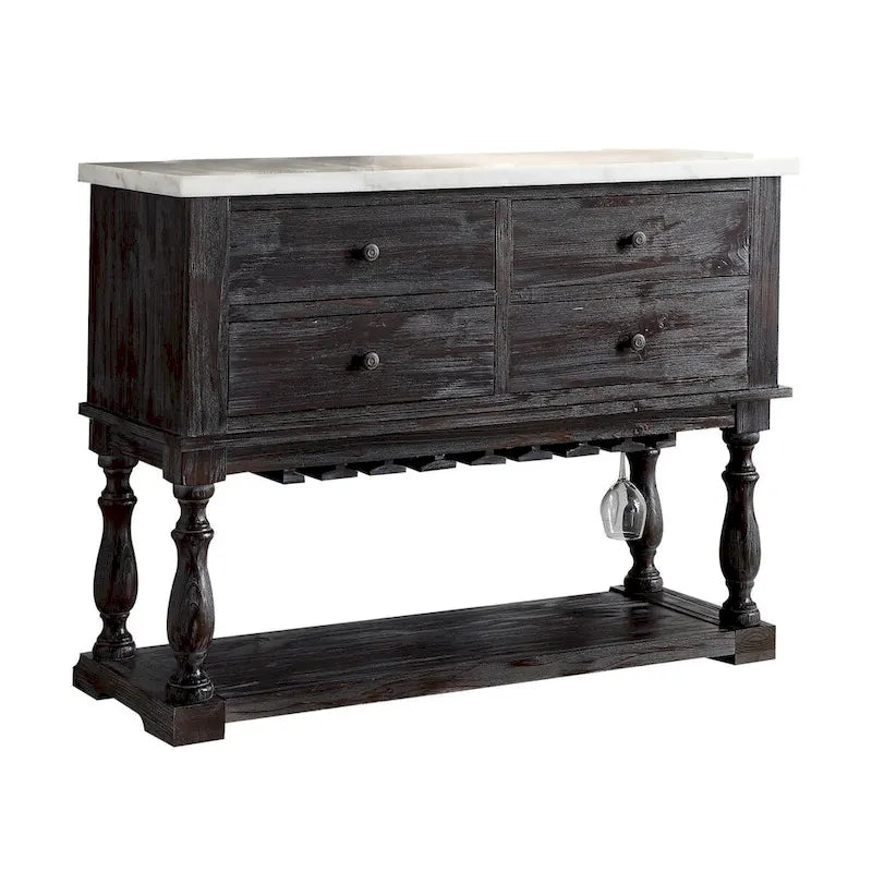Four Drawers Wooden Server with Marble Top, White and Brown