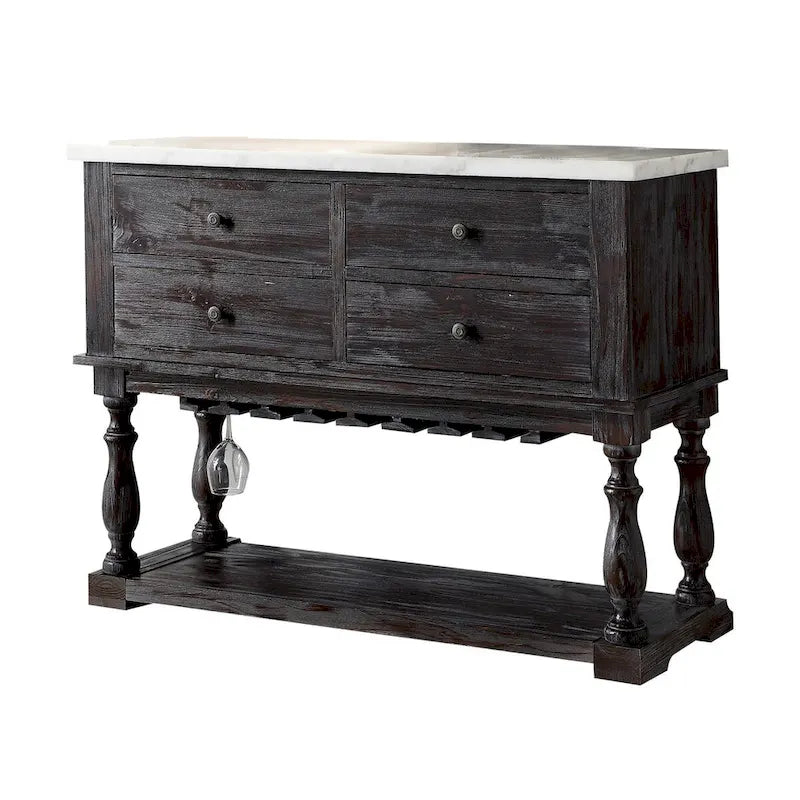 Four Drawers Wooden Server with Marble Top, White and Brown