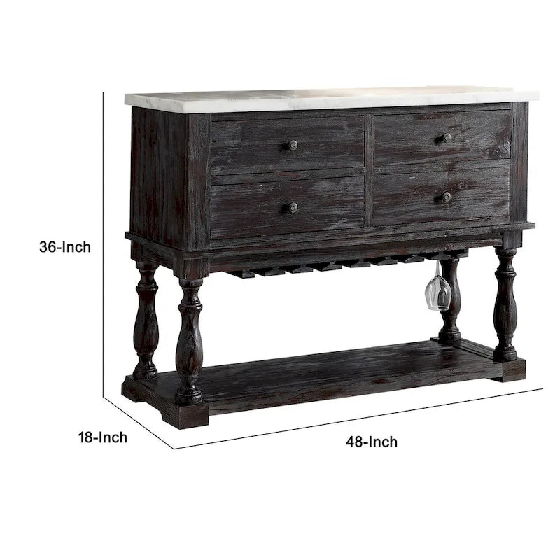 Four Drawers Wooden Server with Marble Top, White and Brown