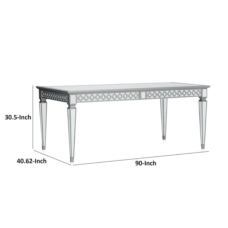 72- 90 Inch Dining Table, Extendable Rectangular Top, Mirrored, Silver