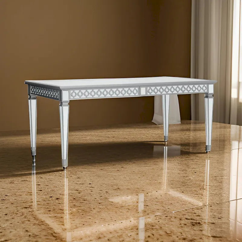 72- 90 Inch Dining Table, Extendable Rectangular Top, Mirrored, Silver