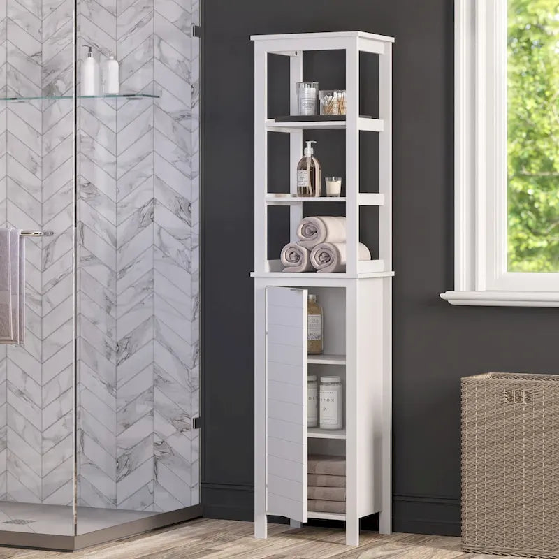 RiverRidge Madison Single Door Tall Bathroom Cabinet Storage Organizer with an Open and Adjustable Interior Shelves