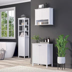 Hoher Badezimmerschrank mit einer Tür und offenem, verstellbarem Innenregal als Organizer