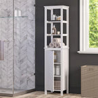Hoher Badezimmerschrank mit einer Tür und offenem, verstellbarem Innenregal als Organizer