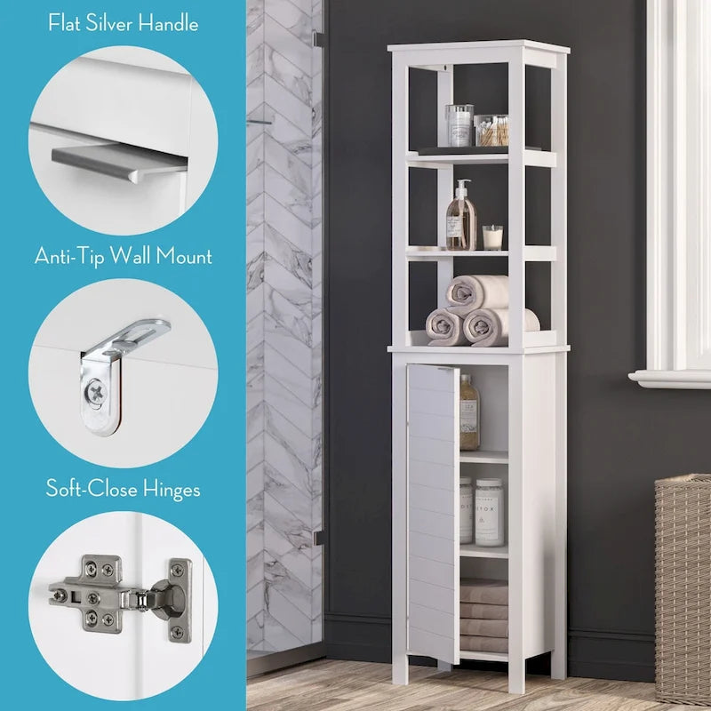 Single Door Tall Bathroom Cabinet Storage Organizer with an Open and Adjustable Interior Shelves