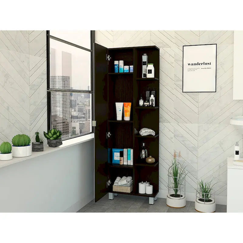 Mirror Linen Cabinet Reno,Four Interior Shelves, Black Wengue Finish